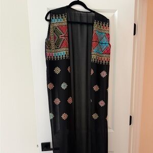 Black Embroidered Sheer Duster Vest with Multicolor Geometric Trim